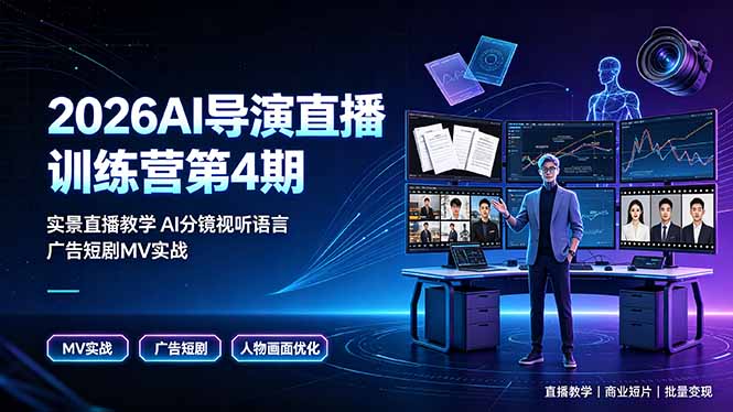 2026AI导演直播训练营第4期，实景直播教学AI分镜视听语言，广告短剧MV实战，解决人物画面崩坏痛点-轻资本网
