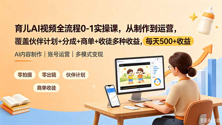 育儿AI视频全流程0-1实操课，从制作到运营，覆盖伙伴计划+分成+商单+收徒多种收益，每天500+收益-轻资本网