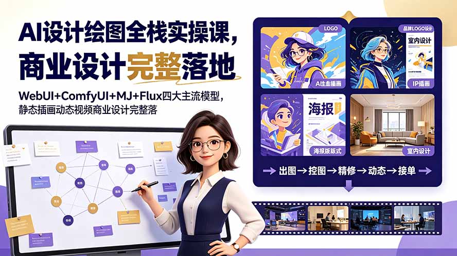 AI设计绘图全栈实操课，WebUI+ComfyUI+MJ+Flux四大主流模型，静态插画动态视频商业设计完整落地教程-轻资本网