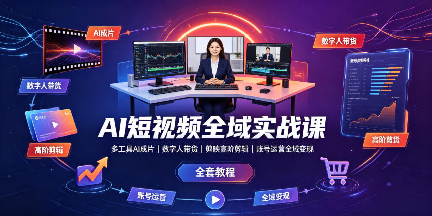 AI短视频全域实战课｜多工具AI成片、数字人带货、剪映高阶剪辑、账号运营全域变现全套教程-轻资本网