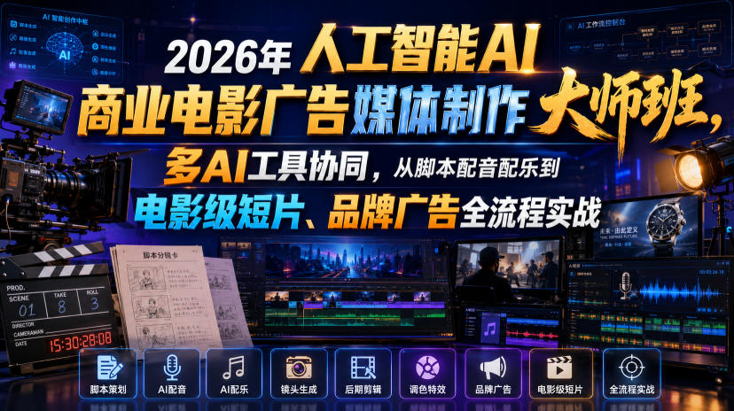 2026年人工智能AI商业电影广告媒体制作大师班，多AI工具协同，从脚本配音配乐到电影级短片、品牌广告全流程实战(中英字幕)-轻资本网