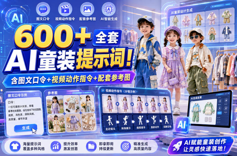 600+全套AI童装提示词！含图文口令+视频动作指令+配套参考图，Word-Excel规整分类，童装电商、种草无脑量产内容！-轻资本网