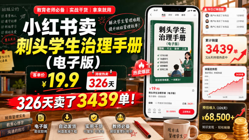 小红书卖刺头学生治理手册(电子版)，客单价19.9，326天卖了3439单！-轻资本网