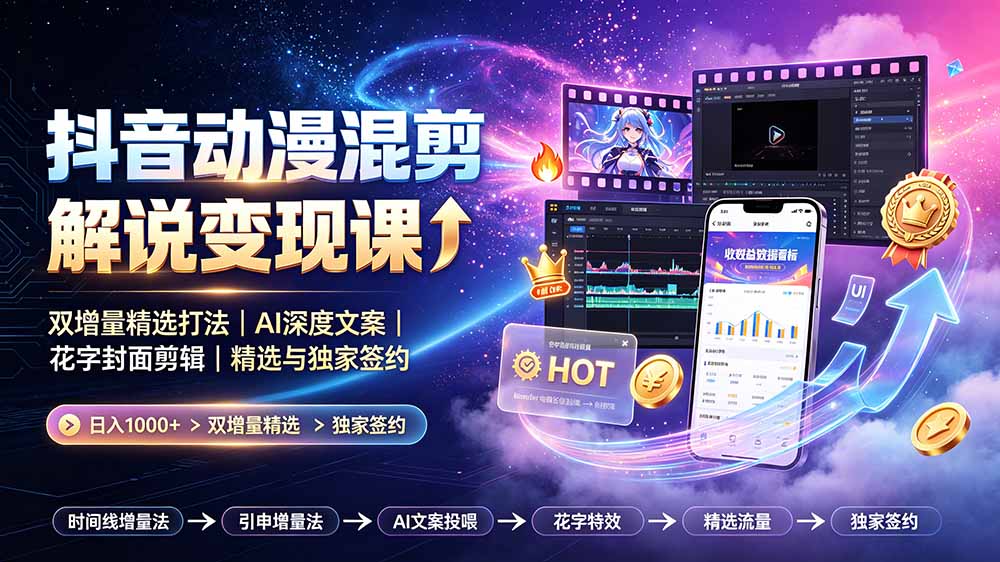 抖音动漫混剪解说变现课：双增量精选打法｜AI深度文案｜花字封面剪辑｜ 精选与独家签约日入1000+-轻资本网