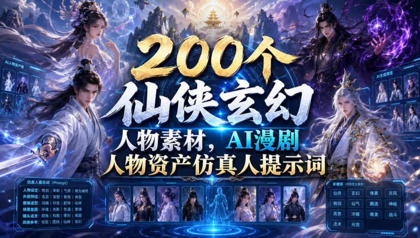 200个仙侠玄幻人物素材，AI漫剧人物资产仿真人提示词-轻资本网