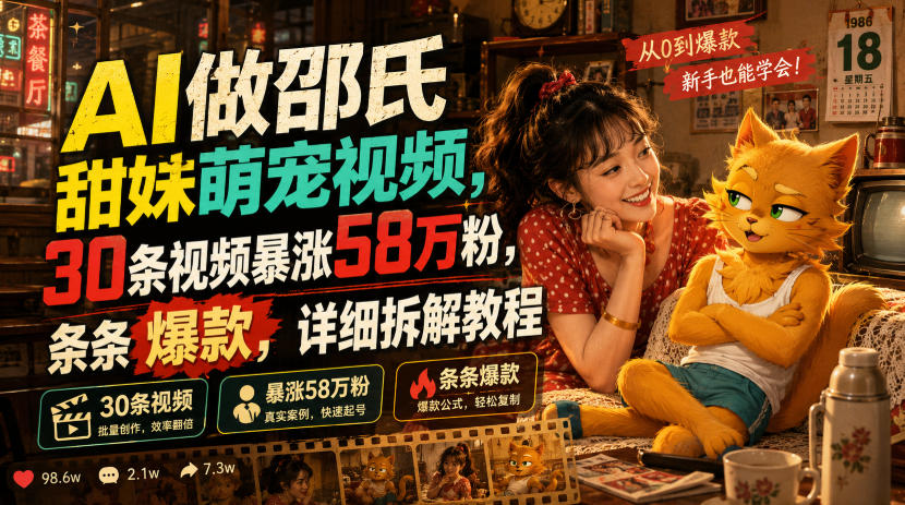 AI做邵氏甜妹萌宠视频，30条视频暴涨58万粉，条条爆款，详细拆解教程-轻资本网