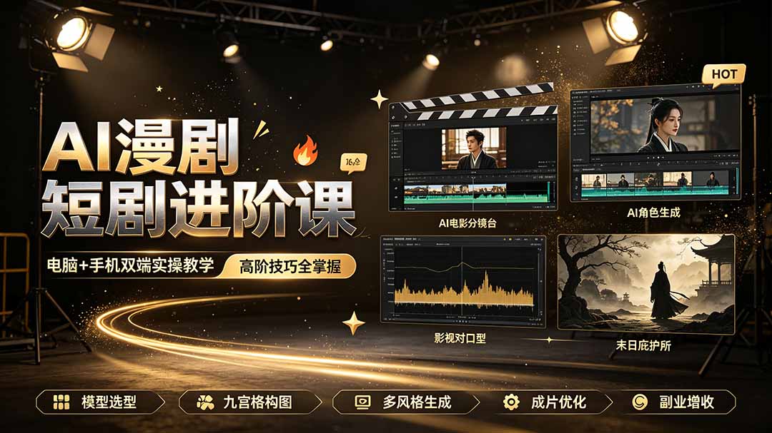 AI漫剧短剧进阶课｜电脑+手机双端实操教学｜影视剧对口型人物吃瓜×解压末日庇护所全程讲解，高阶技巧全掌握-轻资本网