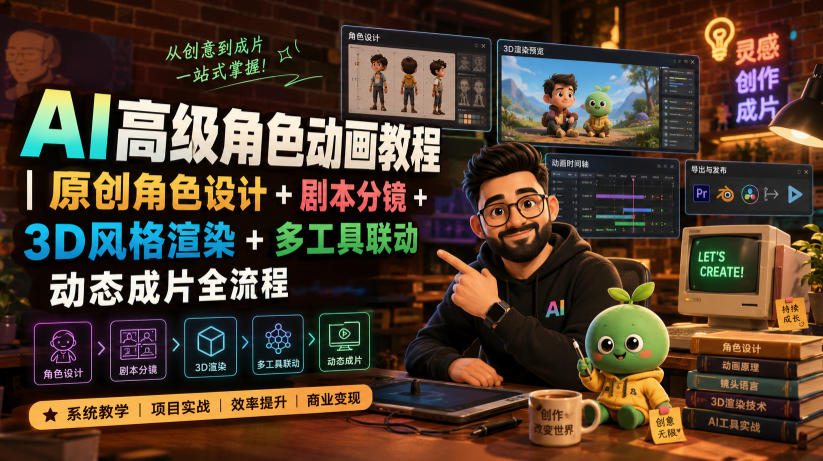 AI高级角色动画教程｜原创角色设计+剧本分镜+3D风格渲染+多工具联动动态成片全流程【中英字幕】-轻资本网