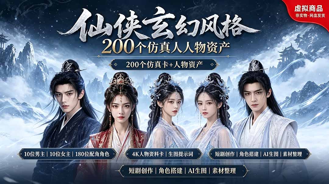 200个仙侠玄幻仿真人素材◆10男主×10女主×180配角，4K资料卡+AI生图提示词，漫剧必备-轻资本网
