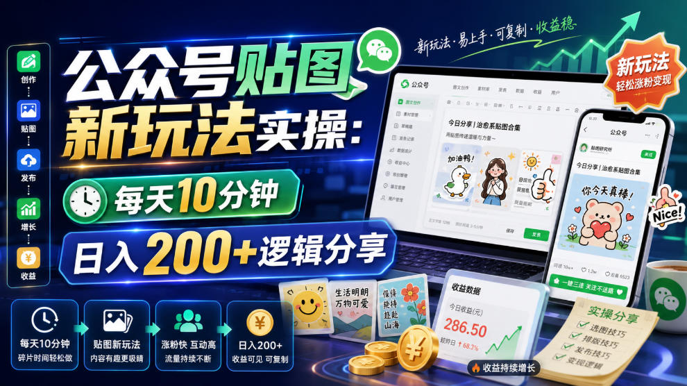 公众号贴图新玩法实操，每天10分钟，日入200+逻辑分享-轻资本网