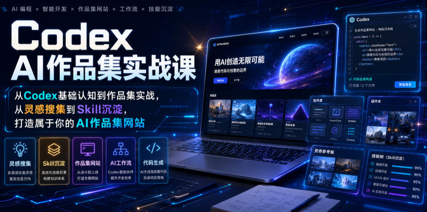 Codex AI作品集实战课，从Codex基础认知到作品集实战，从灵感搜集到Skill沉淀，打造属于你的AI作品集网站-轻资本网