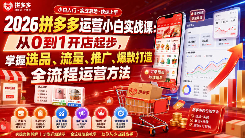 2026拼多多运营小白实战课：从0到1开店起步，掌握选品、流量、推广、爆款打造全流程运营方法-轻资本网