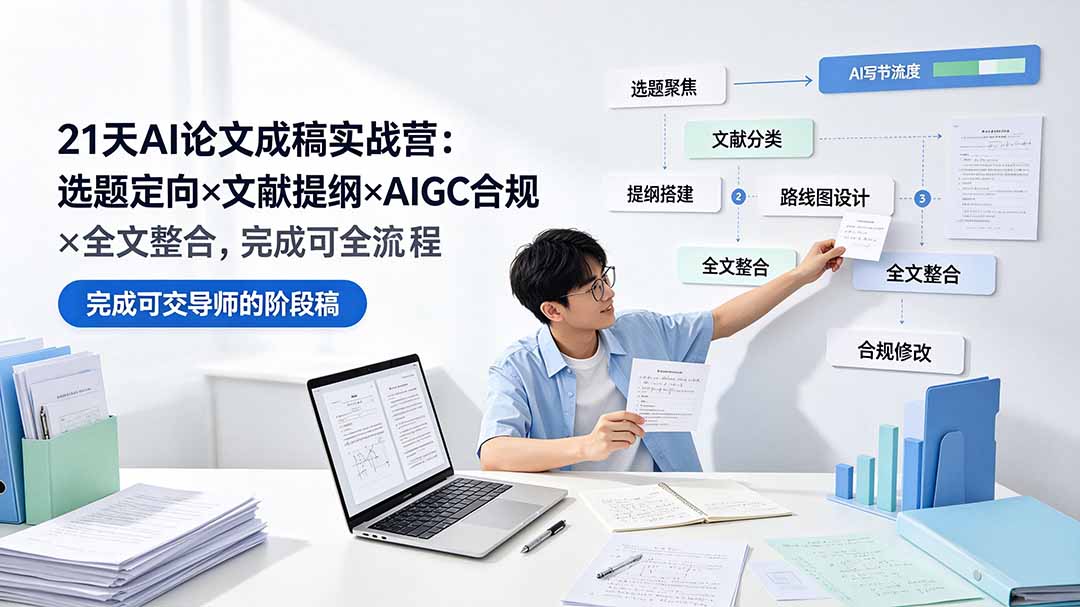 21天AI论文成稿实战营：选题定向×文献提纲×AIGC合规×全文整合，完成可交导师的阶段稿-轻资本网