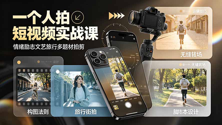 一个人拍短视频实战课：情绪励志文艺旅行多题材×五大景别×黄金构图×八大运镜，从拍摄到成片高效创作-轻资本网