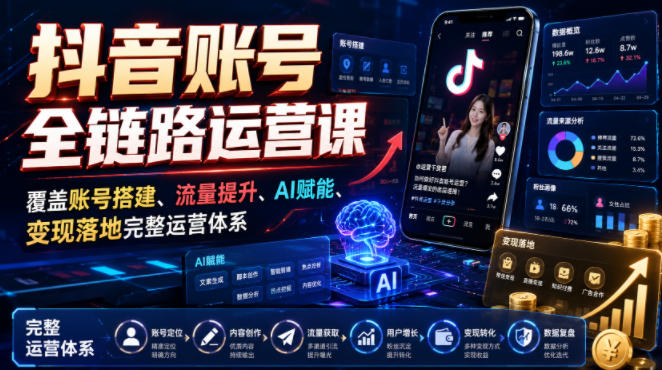 抖音账号全链路运营课，覆盖账号搭建、流量提升、AI赋能、变现落地完整运营体系-轻资本网