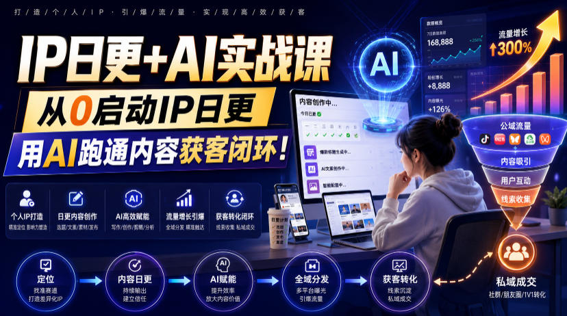 IP日更+AI实战课，从0启动IP日更，IP置顶视频制作+100条选题库搭建+10条日更规划，用AI跑通内容获客闭环!-轻资本网