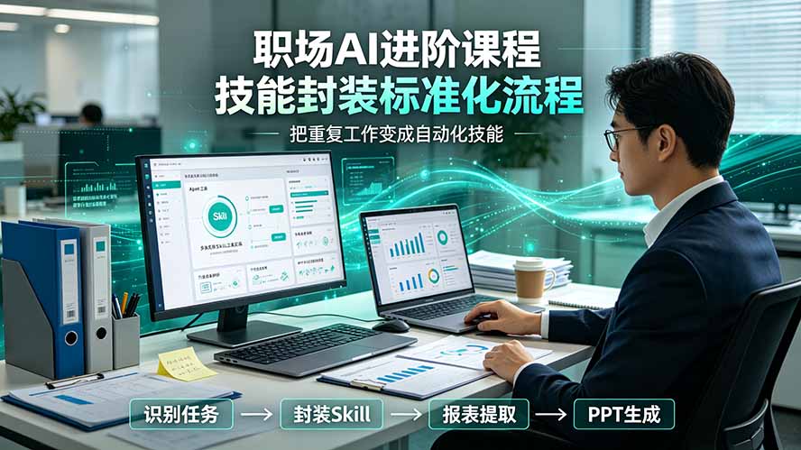 职场AI进阶课程；多类实用Skill工具实操，专属技能封装标准化流程，报表行业报告一键提取核心内容-轻资本网