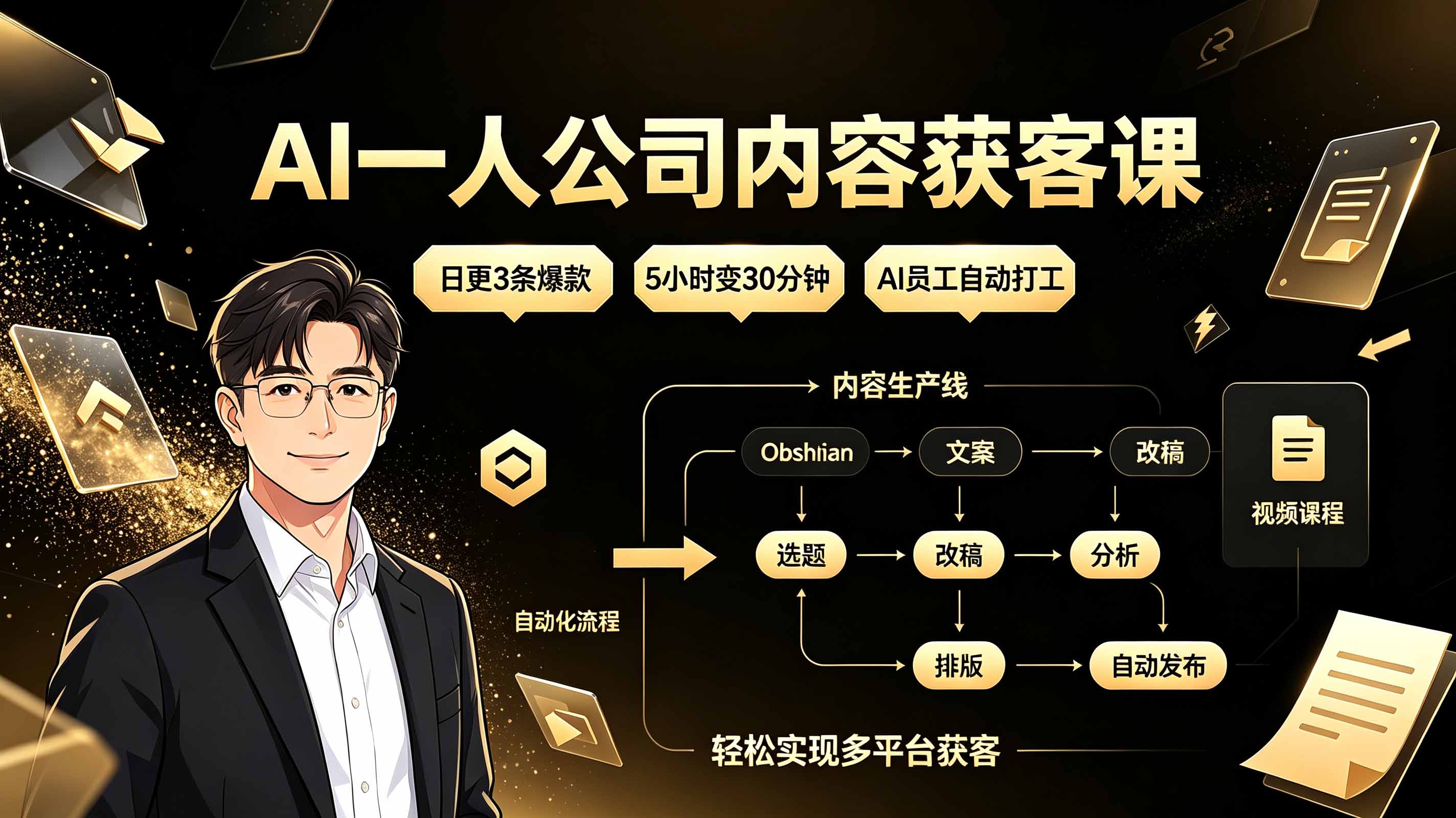 AI一人公司内容获客课：日更3条爆款×5小时变30分钟×AI员工自动打工，轻松实现多平台获客-轻资本网