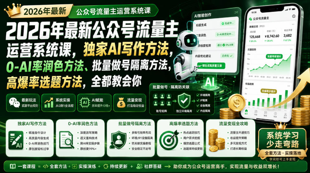 2026年最新公众号流量主运营系统课，独家AI写作方法，0-AI率润色方法、批量做号隔离方法、高爆率选题方法，全都教会你-轻资本网