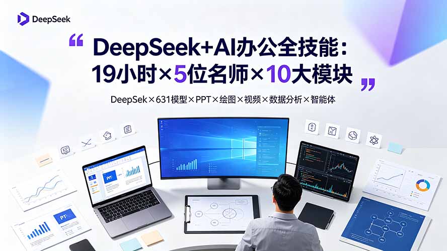 DeepSeek+AI办公全技能：19小时×5位名师×10大模块，DeepSeek×631模型×PPT×绘图×视频×数据分析×智能体-轻资本网