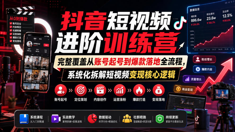 抖音短视频进阶训练营，完整覆盖从账号起号到爆款落地全流程，系统化拆解短视频变现核心逻辑-轻资本网
