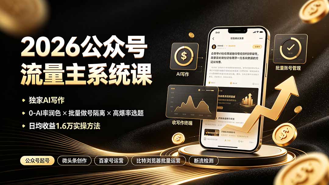 2026公众号流量主系统课：独家AI写作×0-AI率润色×批量做号隔离×高爆率选题，日均收益1.6万实操方法-轻资本网
