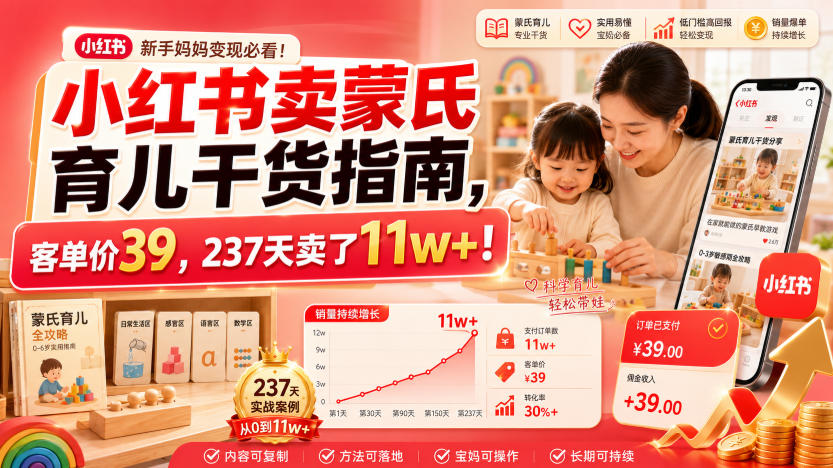 小红书卖蒙氏育儿干货指南，客单价39，237天卖了11w+！-轻资本网