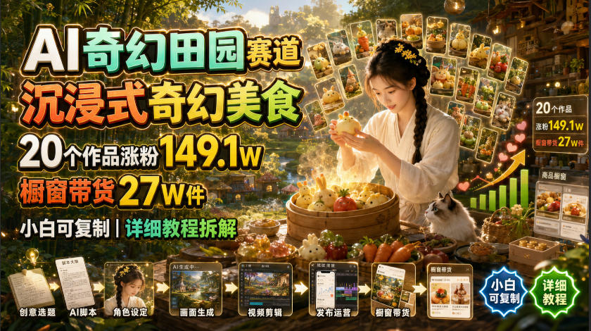 AI奇幻田园赛道，沉浸式奇幻美食，20个作品涨粉149.1W，橱窗带货27W件，小白可复制，详细教程拆解-轻资本网
