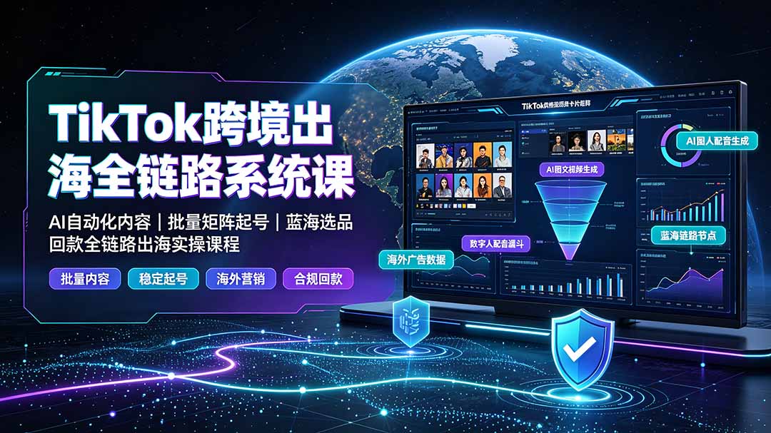 TikTok跨境出海全链路系统课-2026年7月：AI自动化内容｜批量矩阵起号｜蓝海选品回款全链路出海实操课程-轻资本网
