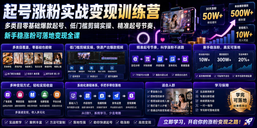 苗子起号涨粉实战变现训练营，多类目零基础爆款起号、精准起号节奏、新手稳涨粉可落地变现全课(更新0719)-轻资本网