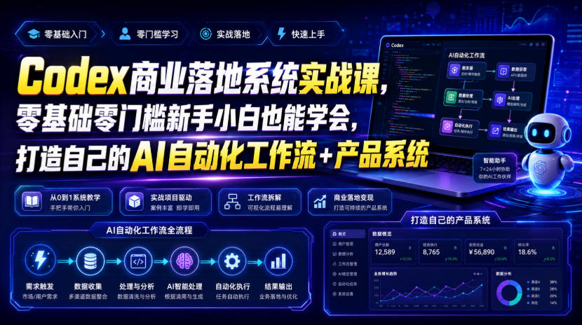 Codex商业落地系统实战课，零基础零门槛新手小白也能学会，打造自己的AI自动化工作流+产品系统-轻资本网
