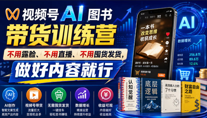 视频号AI图书带货训练营，不用露脸、不用直播、不用囤货发货，做好内容就行，一条爆款视频佣金8942-轻资本网