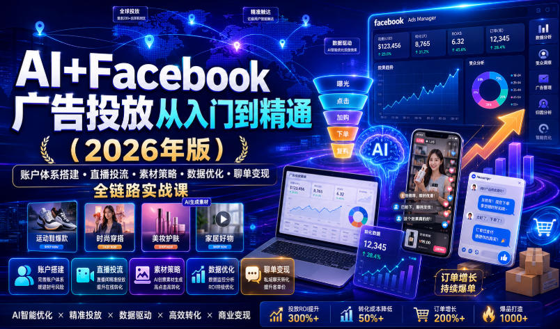AI+Facebook广告投放从入门到精通(2026年版)｜账户体系搭建・直播投流・素材策略・数据优化・聊单变现全链路实战课-轻资本网