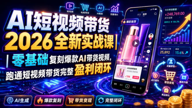 AI短视频带货2026全新实战课｜零基础复刻爆款AI带货视频，跑通短视频带货完整盈利闭环-轻资本网