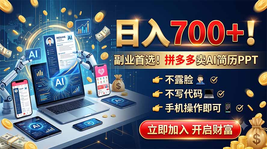 拼多多卖AI简历PPT，不露脸不写代码，手机操作日入700+，副业首选！-轻资本网