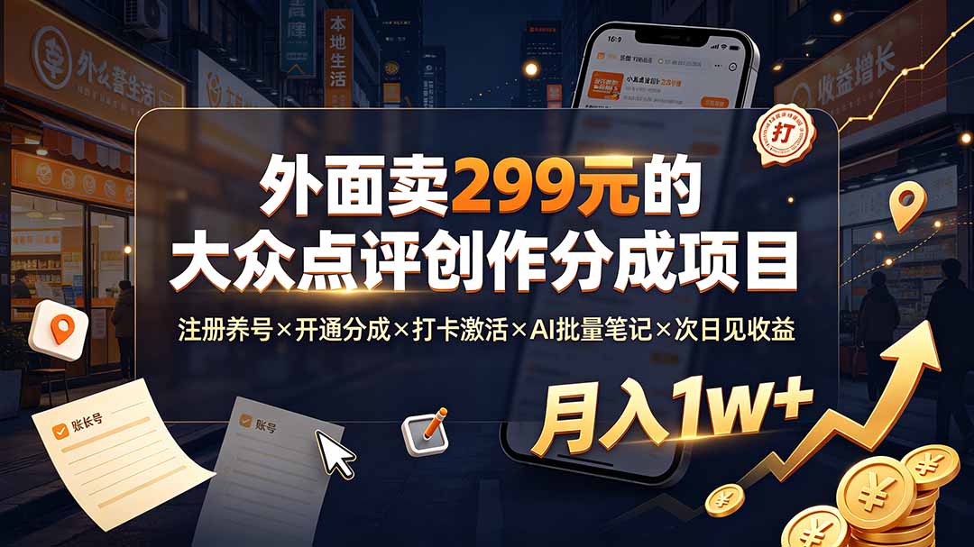 外面卖299元的大众点评创作分成项目：注册养号×开通分成×打卡激活×AI批量笔记×次日见收益，月入1w+-轻资本网