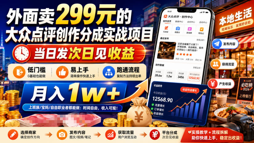外面卖299元的大众点评创作分成实战项目，当日发次日见收益，低门槛易上手，跑通流程月入1w+-轻资本网