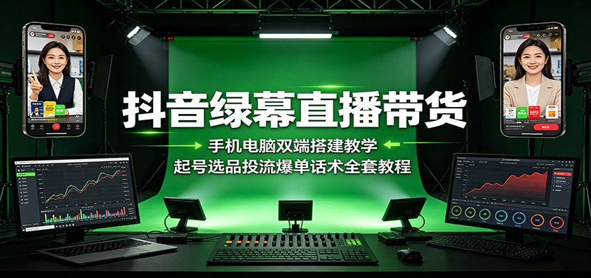 抖音绿幕直播带货：手机电脑双端搭建教学，起号选品投流爆单话术全套教程-轻资本网