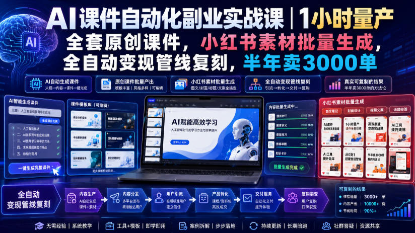 AI课件自动化副业实战课｜1小时量产全套原创课件，小红书素材批量生成，全自动变现管线复刻，半年卖3000单-轻资本网