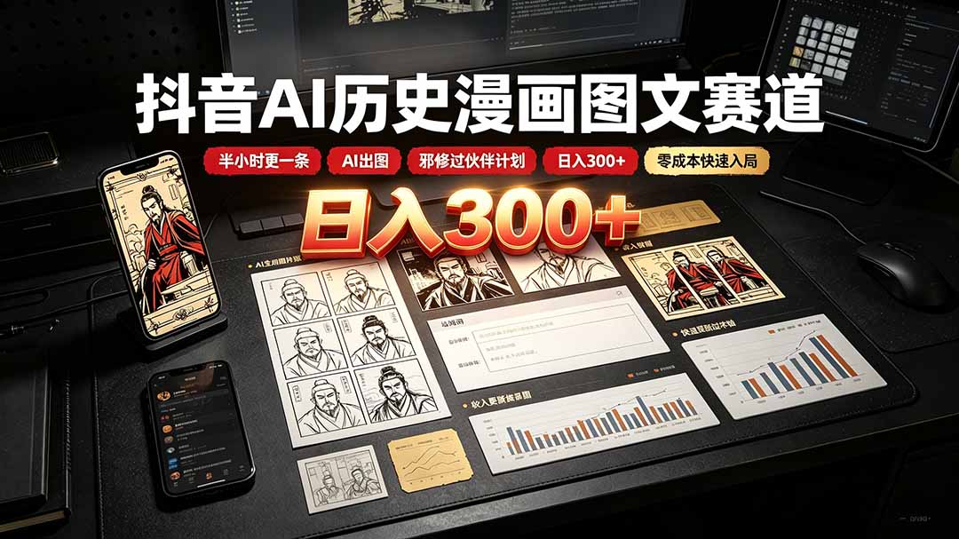 抖音AI历史漫画图文赛道：半小时更一条×AI出图×邪修过伙伴计划×日入300+，零成本快速入局-轻资本网