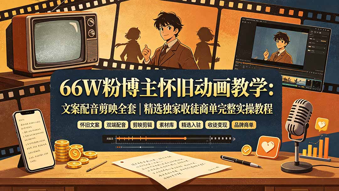 66W粉博主怀旧动画教学：文案配音剪映全套｜精选独家收徒商单完整实操教程-轻资本网