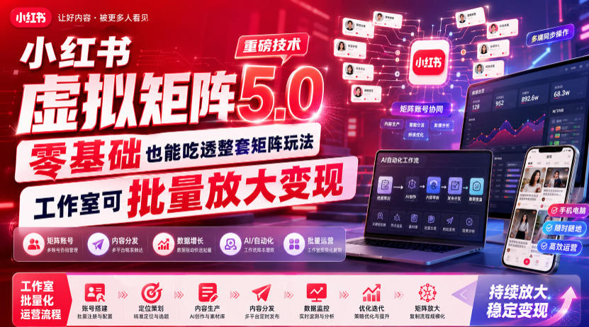 小红书虚拟矩阵5.0重磅技术，零基础也能吃透整套矩阵玩法，工作室可批量放大变现-轻资本网