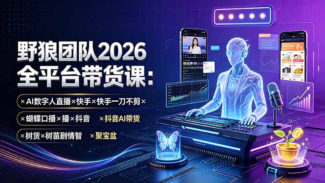 野狼团队2026全平台带货课-7月：AI数字人直播×快手一刀不剪×蝴蝶口播×抖音AI带货×树苗剧情智剪×聚宝盆-轻资本网