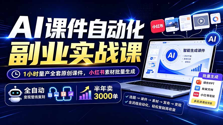 AI课件自动化副业实战课：1小时量产全套原创课件×小红书素材批量生成×全自动变现管线×半年卖3000单-轻资本网