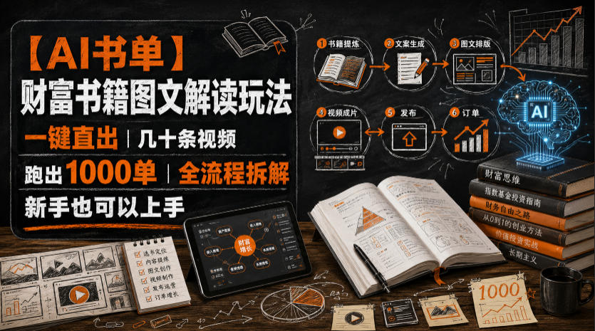 【AI书单】财富书籍图文解读玩法，一键直出，几十条视频，跑出1000单，全流程拆解，新手也可以上手-轻资本网