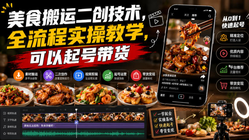 美食搬运二创技术，全流程实操教学，可以起号带货-轻资本网