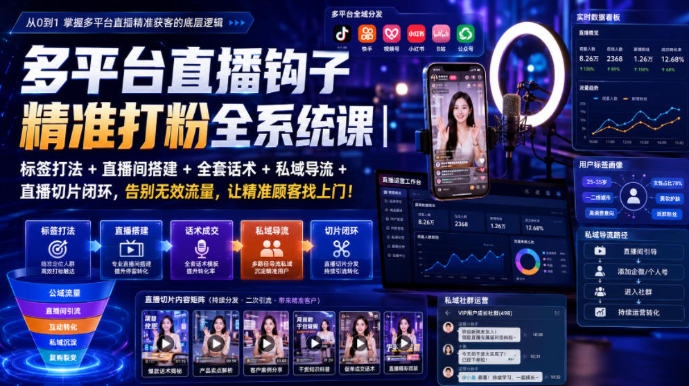 多平台直播钩子精准打粉全系统课｜标签打法+直播间搭建+全套话术+私域导流+直播切片闭环，告别无效流量，让精准顾客找上门！-轻资本网
