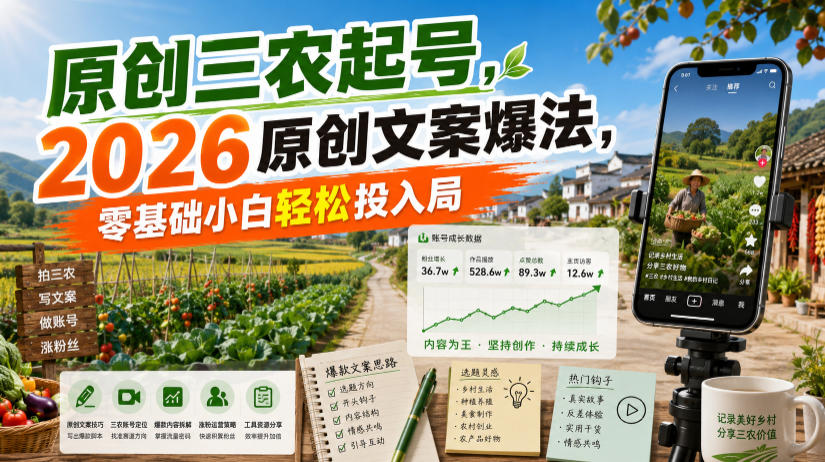 原创三农起号，2026原创文案爆法，零基础小白轻松投入局-轻资本网