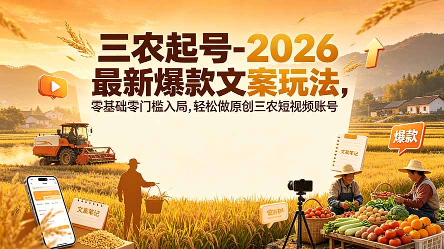 三农起号-2026 最新爆款文案玩法，零基础零门槛入局，轻松做原创三农短视频账号-轻资本网