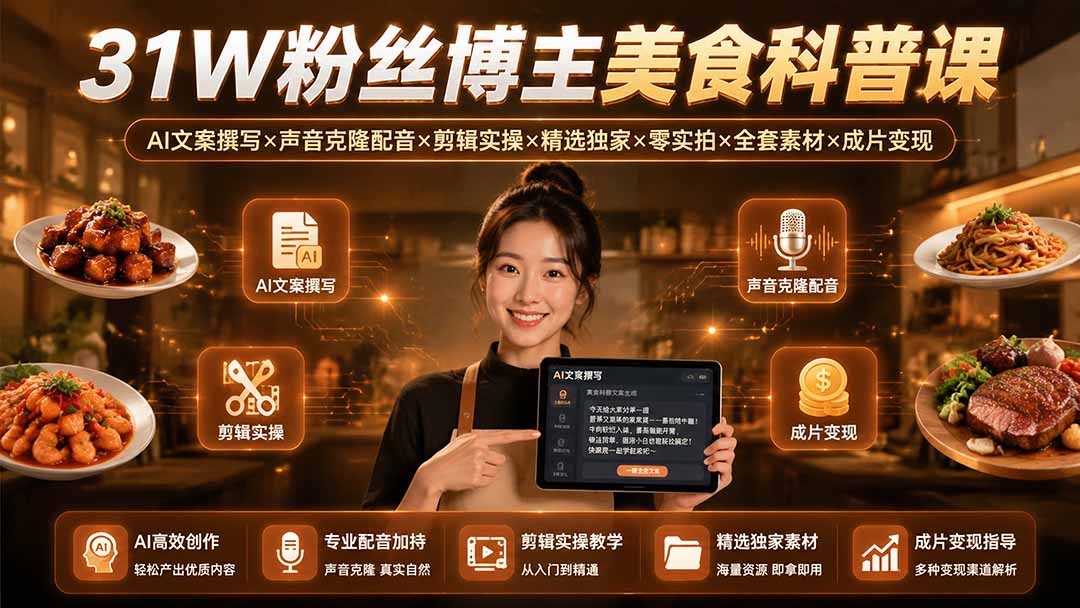 31W粉丝博主美食科普课：AI文案撰写×声音克隆配音×剪辑实操×精选独家×零实拍×全套素材×成片变现-轻资本网